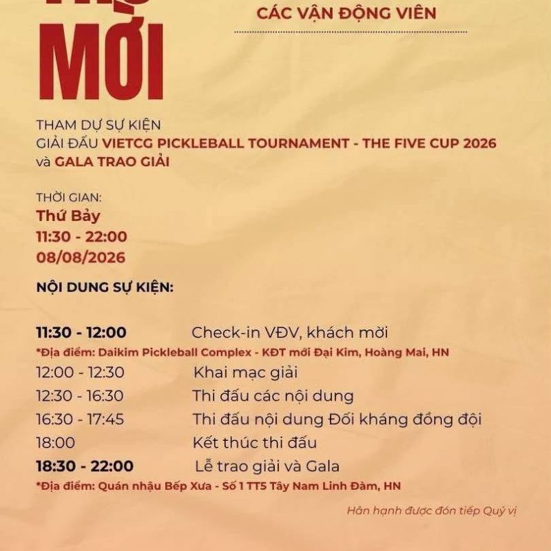 Giải Đấu VietCG Pickleball Tournament – The Five Cup 2026: Thông Báo Chính Thức